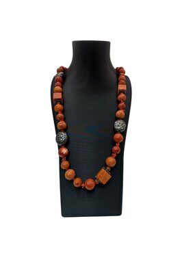 Vintage Chunky Coral Beaded Necklace Silver Plated Accents 28" Statement Jewelry